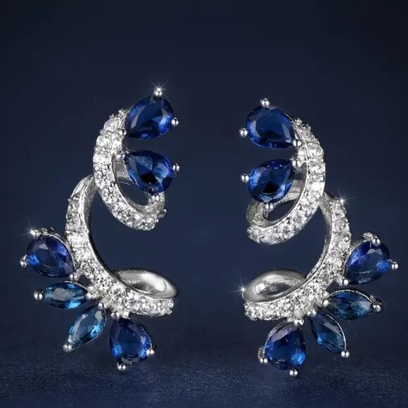 NWOT Sapphire Zicron Vine Flower Earrings Blue Flower Earrings Party Anniversary - Picture 2 of 3